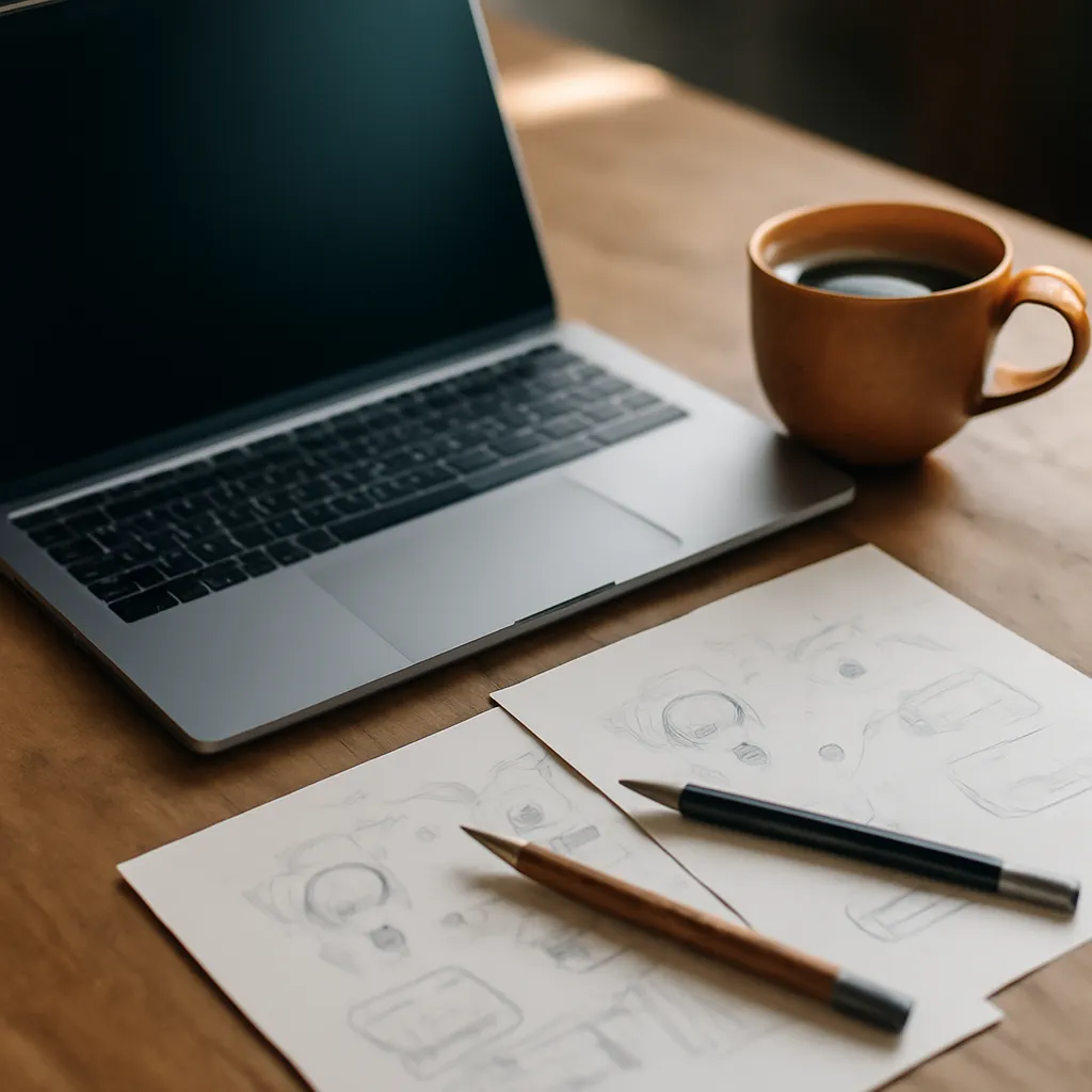 Workspace with sketches and a laptop