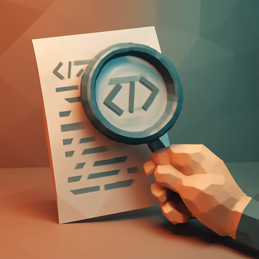 Person reviewing printed code with a magnifying glass.