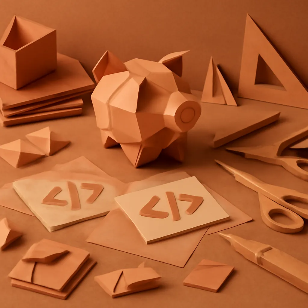 Workspace with tools and materials for building code templates, conveying collaboration.