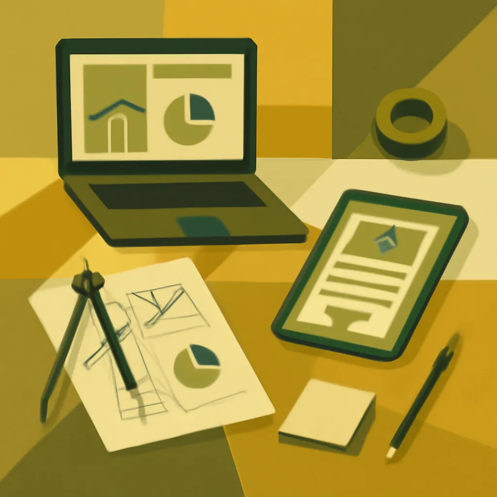 Workspace with design tools, sketches, and digital mockups.