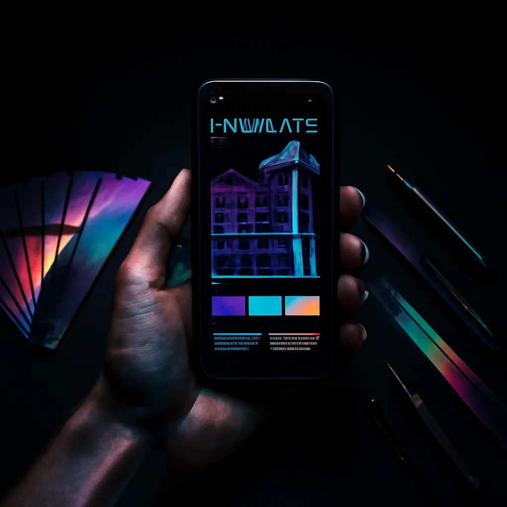 Una mano sosteniendo un smartphone con un diseño de plantilla vibrante, rodeado de muestras de color y herramientas de diseño.