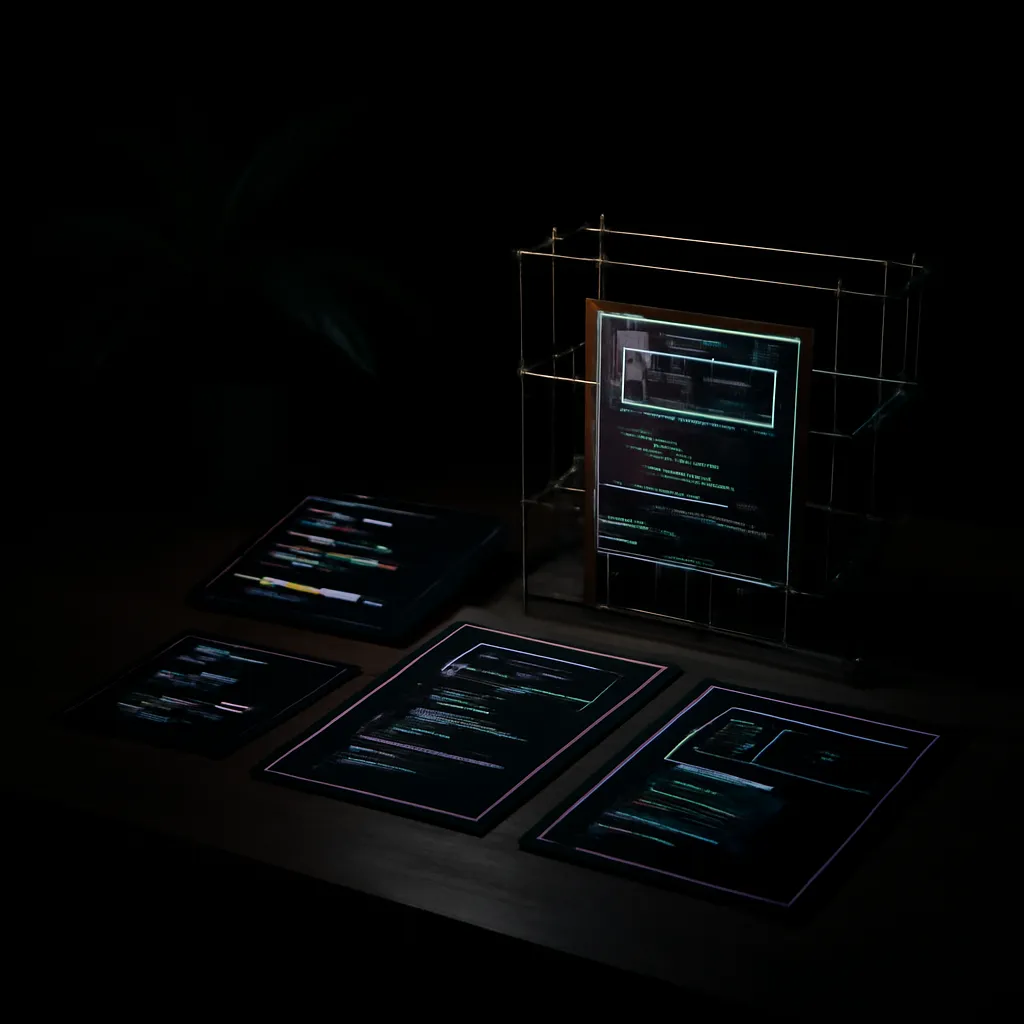 A workspace with various code snippets and templates displayed on a table, with a plant in the background.