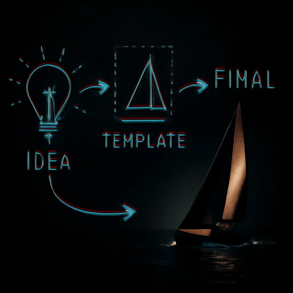 A diagram illustrating the template design process, with arrows showing the flow from idea to final product.
