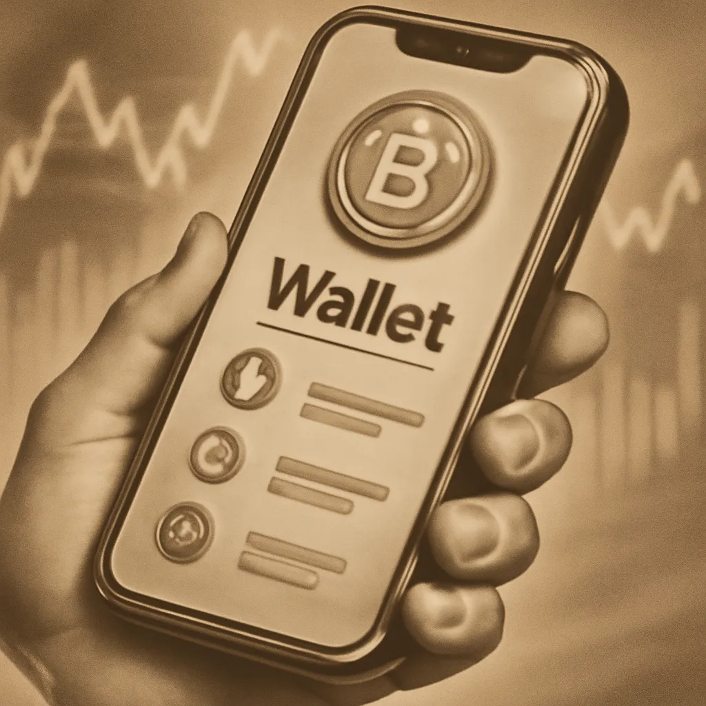 A hand holding a smartphone with a cryptocurrency wallet app.