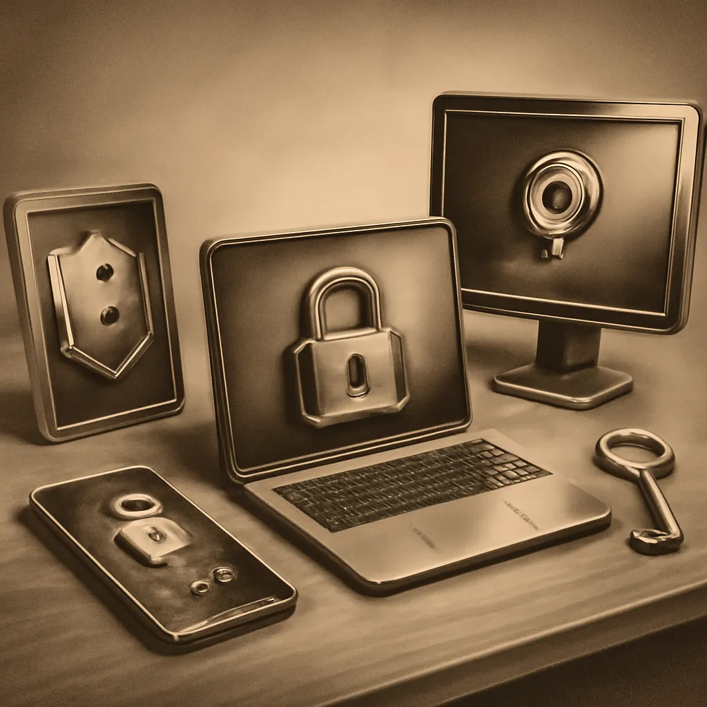 Table with various digital devices showing security features.