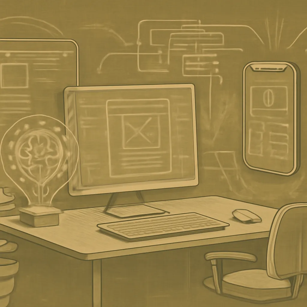 Modern workspace with AI elements and holographic screens.