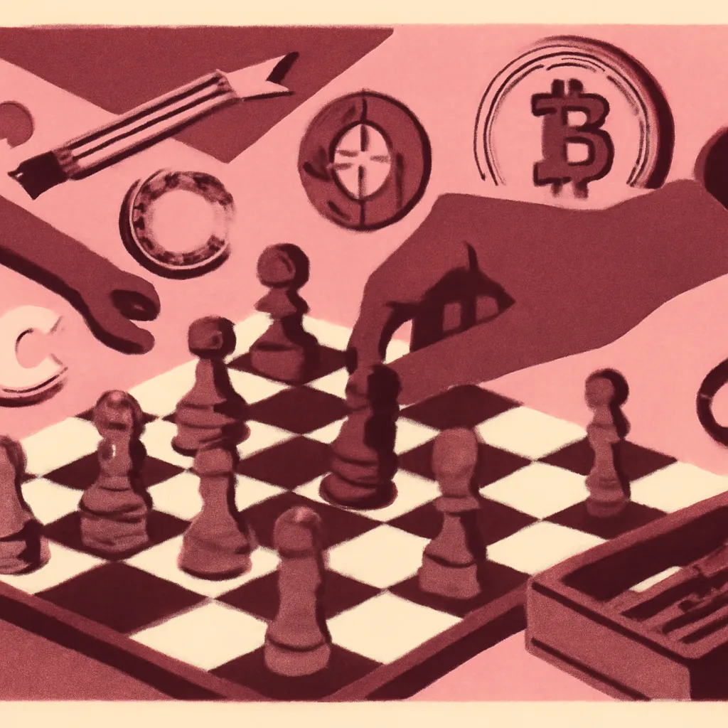 Workspace with crypto tools and elements representing the creative process.