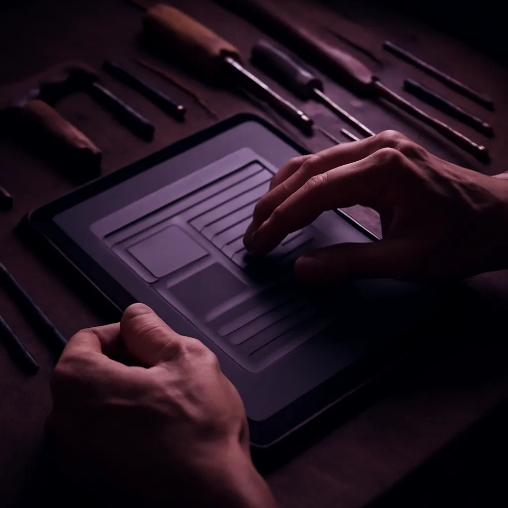 Close-up of hands assembling a digital template on a tablet, symbolizing the creation process.