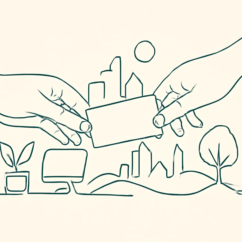 Hands exchanging referral cards in a workspace.