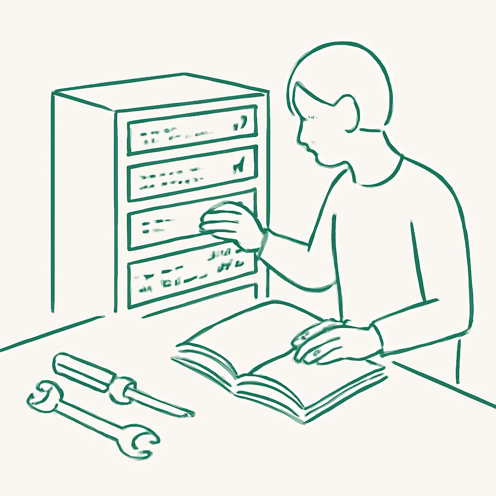 Person configuring a server with tools and manuals.