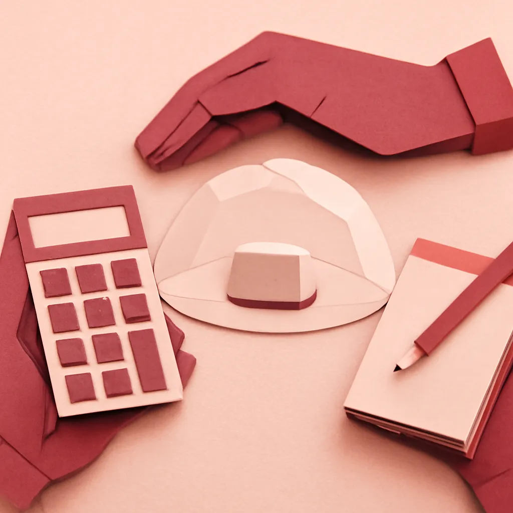 Hands holding a calculator and a notebook, evaluating costs and prices for digital templates.