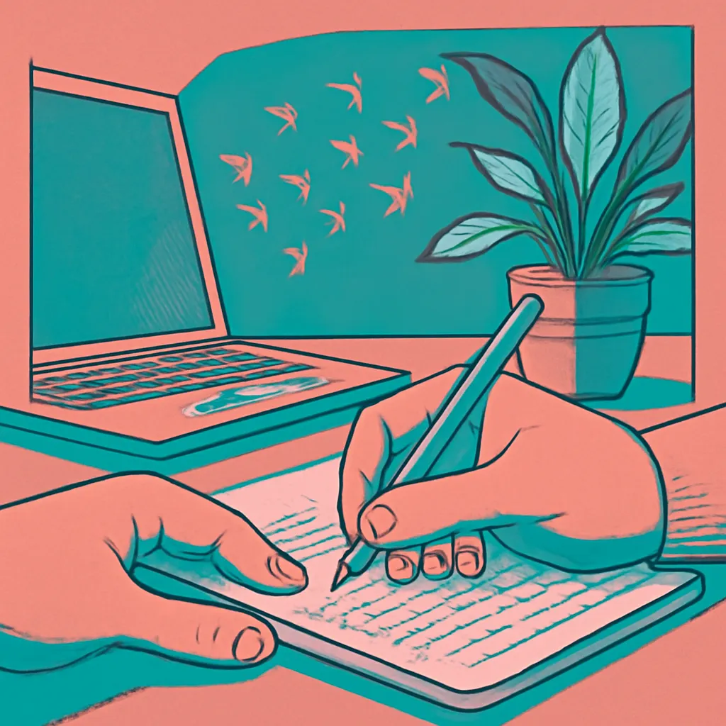 Hands writing notes in a notebook with a laptop and plant in the background.