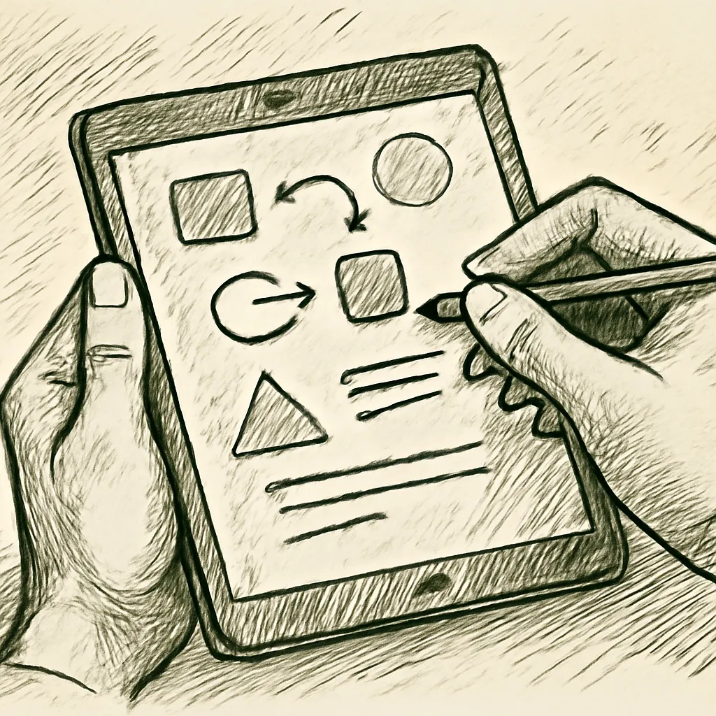 Hands working on a tablet creating documentation with visual elements.