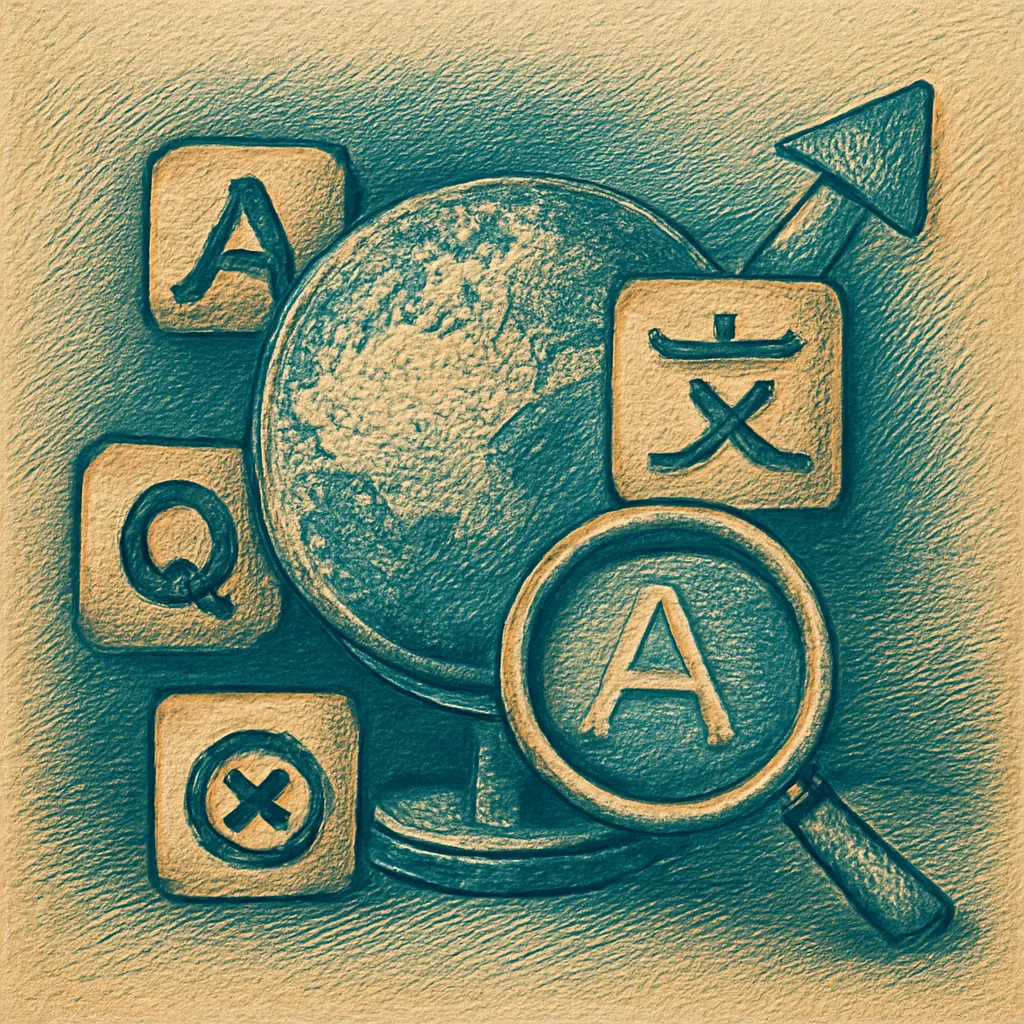 Representación abstracta de estrategias SEO multilingües con íconos de idiomas y un globo.
