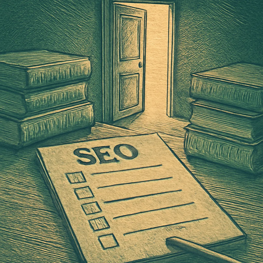 SEO optimization checklist surrounded by language books.