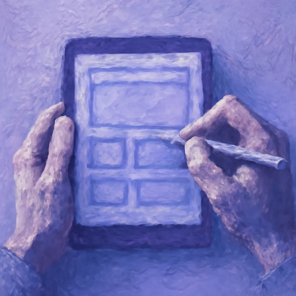 Hands writing on a digital tablet with a visible template.