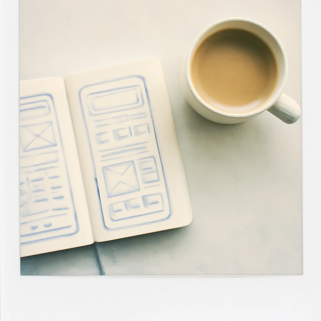 Open notebook with sketches of app features and a coffee cup beside it.