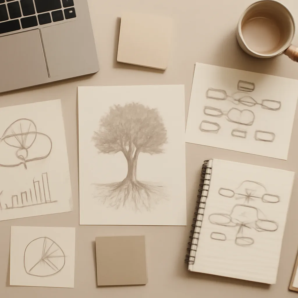 Workspace with digital tools and diagrams showing creative ideas.