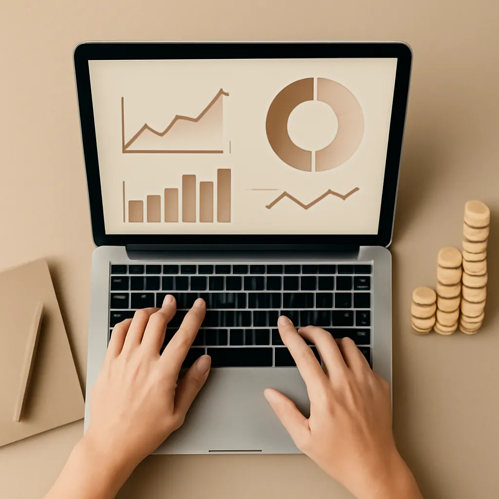 Close-up of hands analyzing data on a computer screen with graphs and metrics.