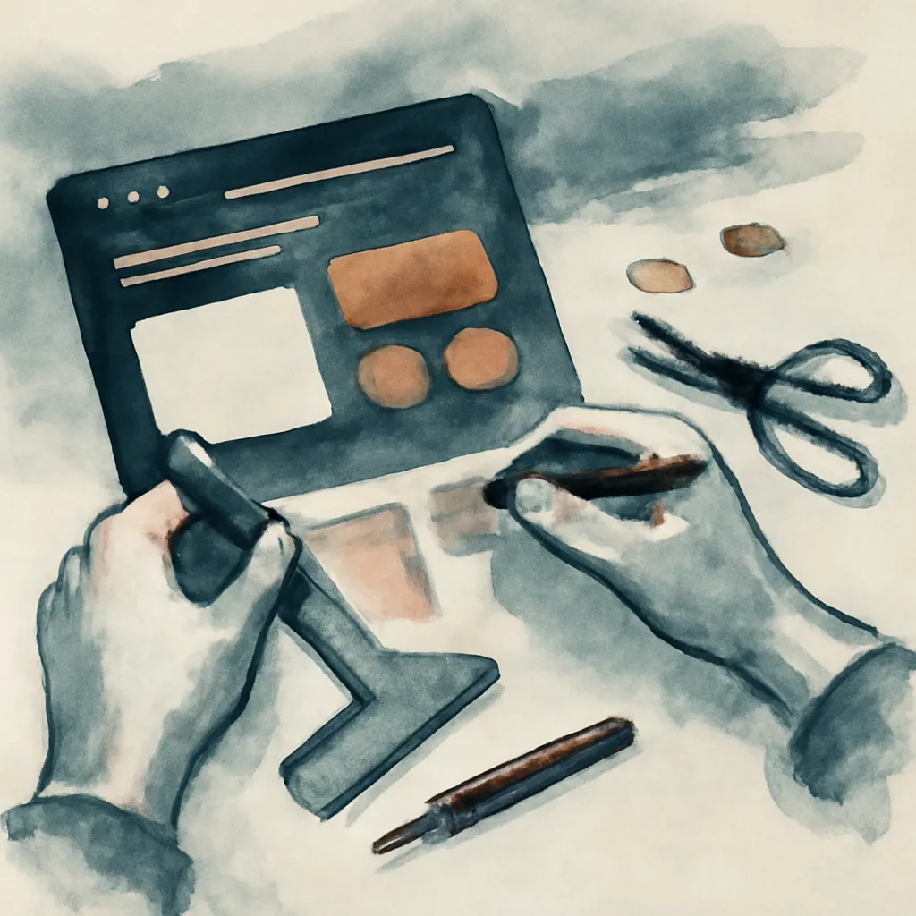 Hands customizing a software template with colorful materials.