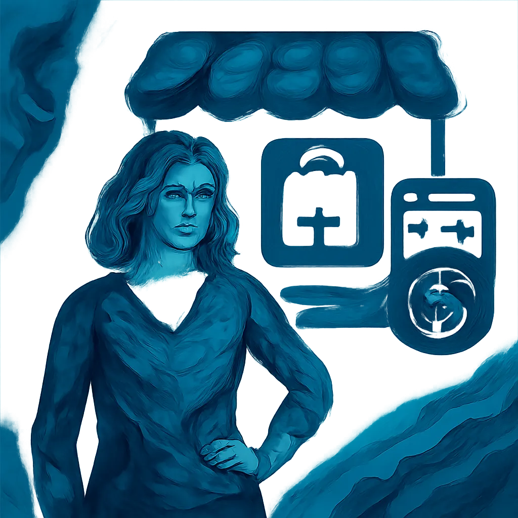 Illustration of a marketplace logo with elements representing digital sales and downloads.