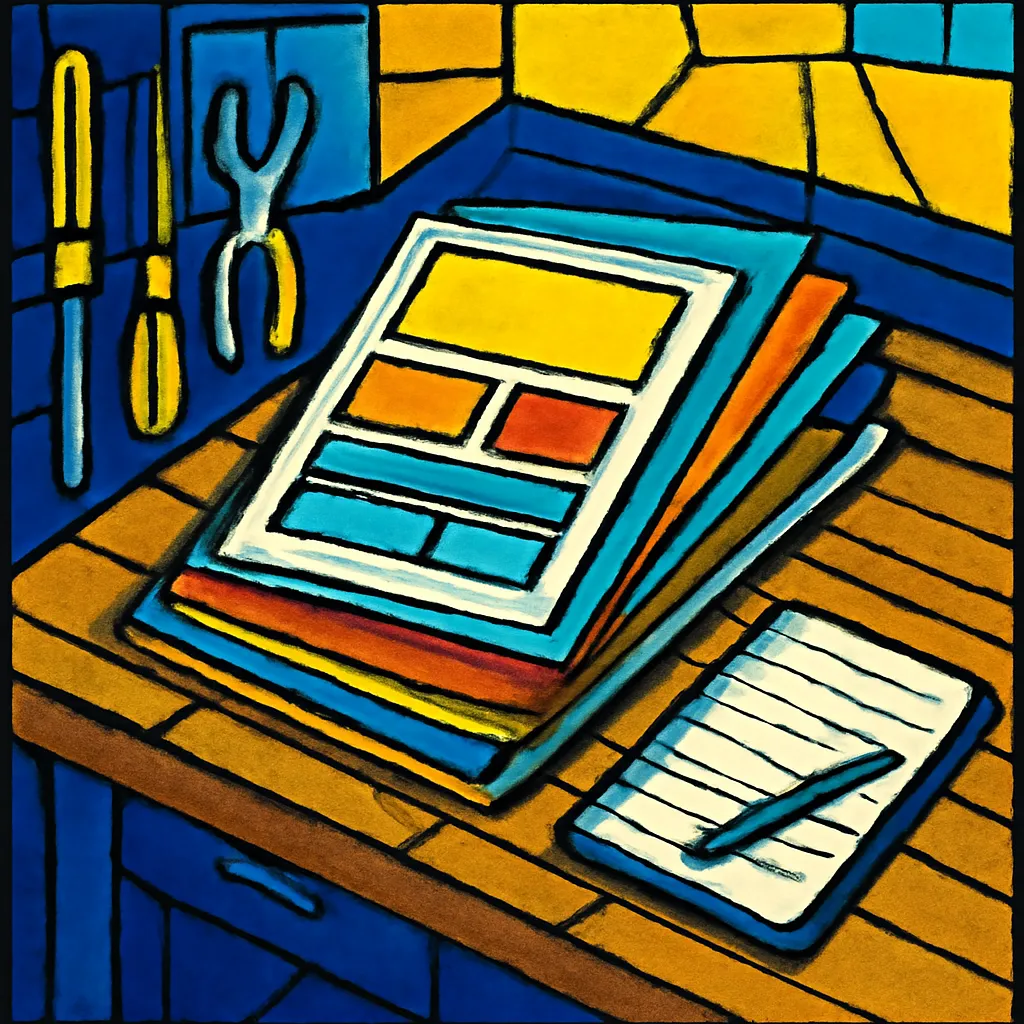 A pile of colorful templates on a desk with tools and a notebook for designing customizations.