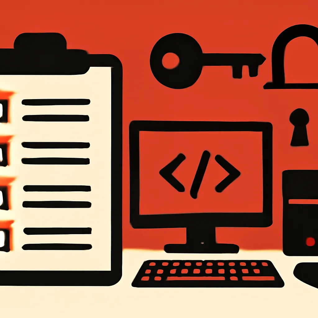 A checklist of software development steps next to a computer setup, emphasizing efficiency and organization.