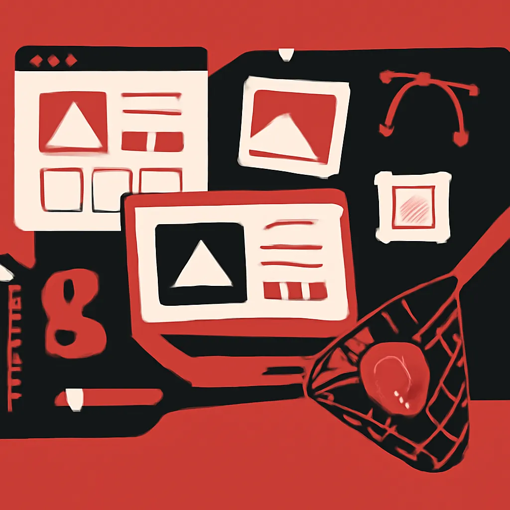 A creative workspace filled with templates and software design tools, conveying productivity and creativity.