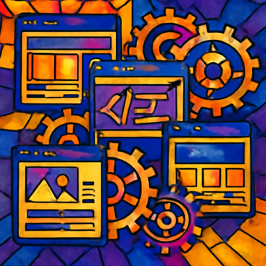 Mercado vibrante que muestra diversas plantillas de software con elementos visuales que representan programación y tecnología.