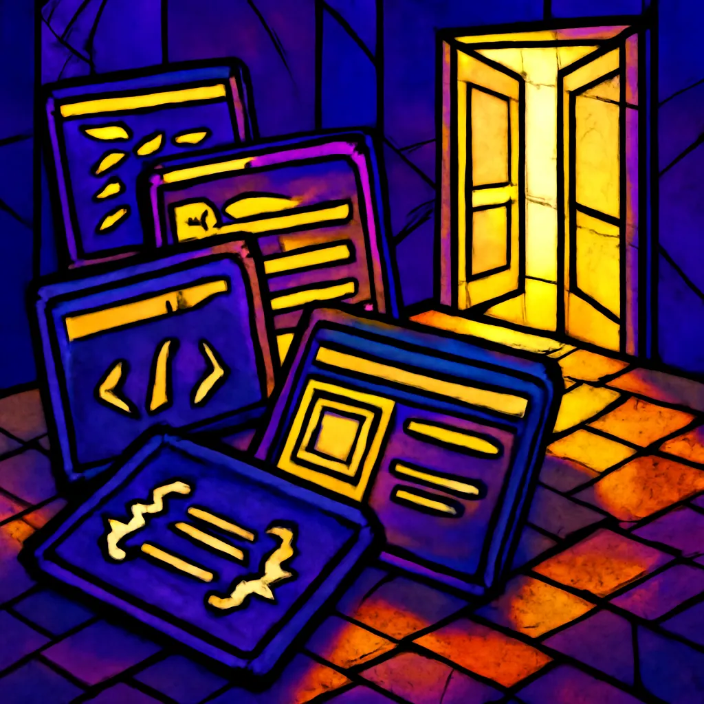 Close-up of a selection of code snippets and template previews on a table, symbolizing the options developers face.