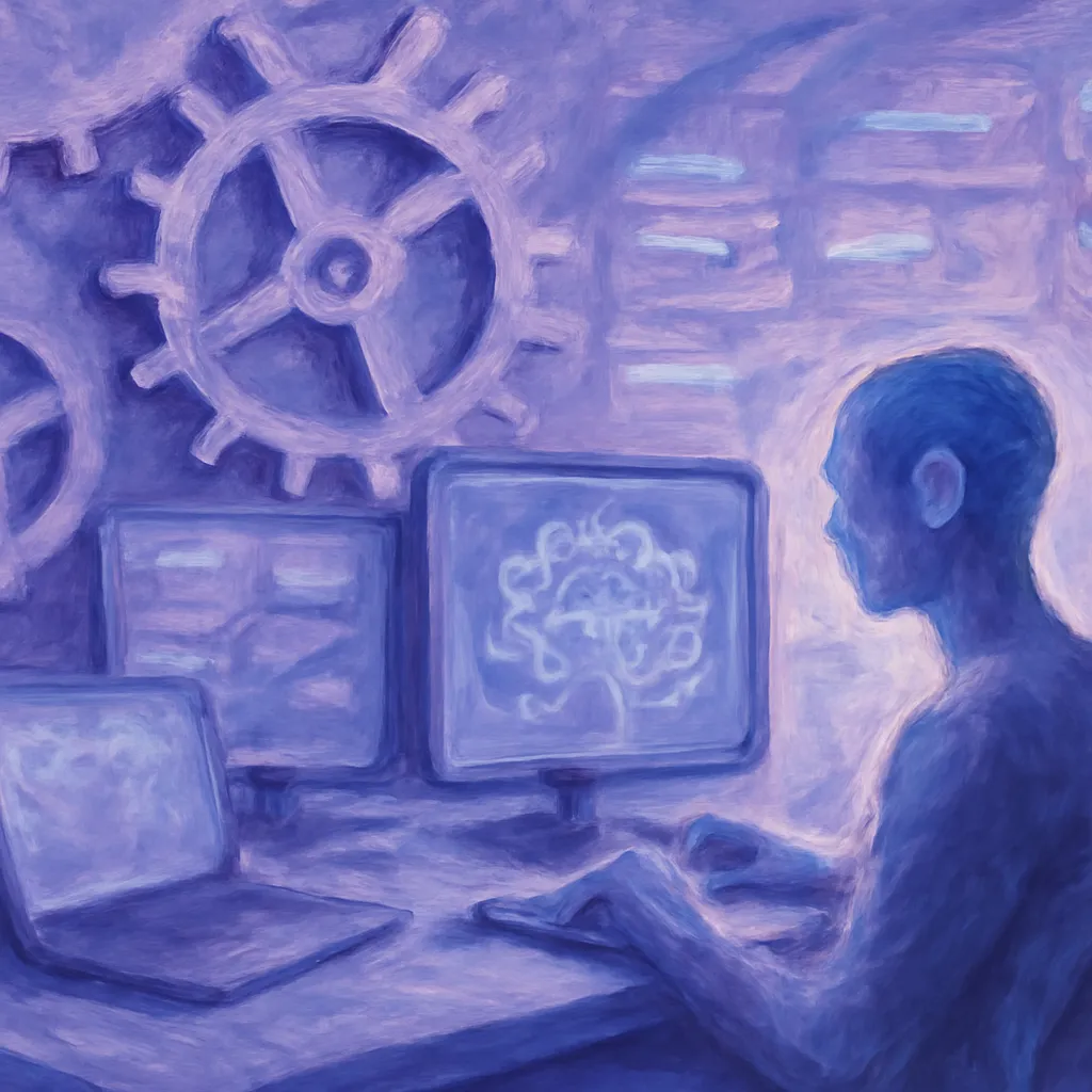 Futuristic workspace with advanced AI tools.