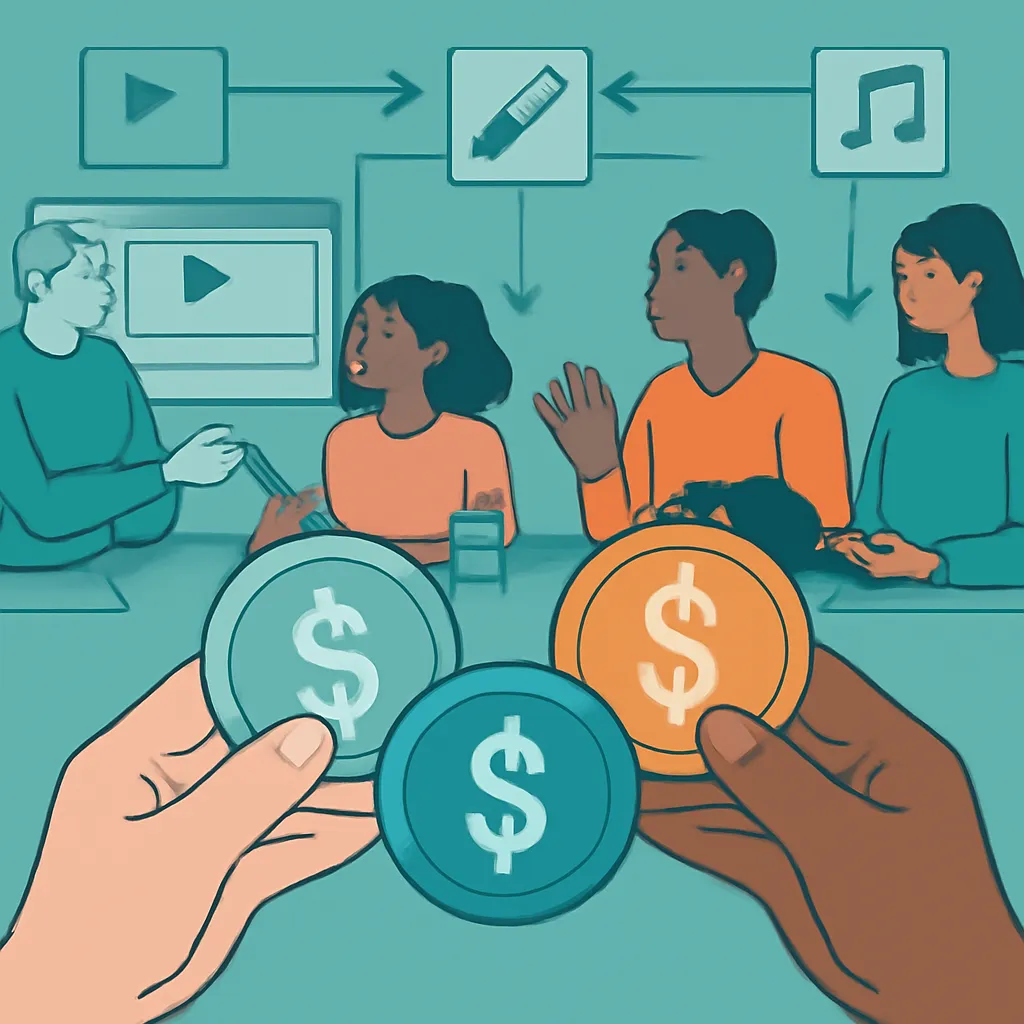 Hands holding stablecoins in front of digital tools for creators.