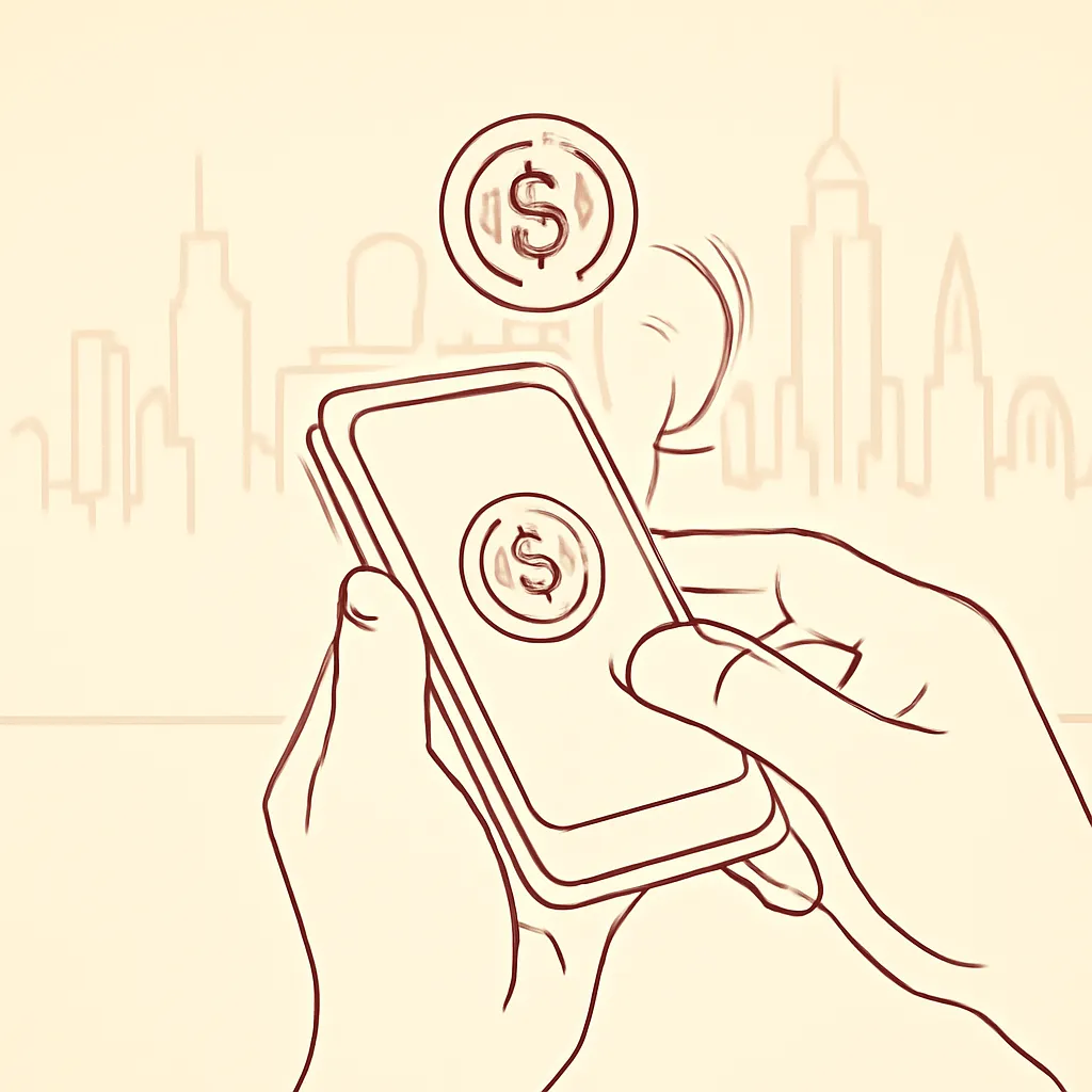 Hands sending USDC with city skyline behind